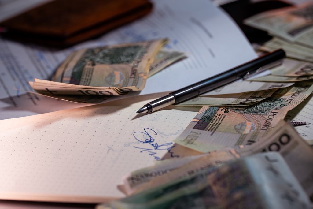 Podpisany dokument z długopisem i banknotami złotówkowymi na stole – alimenty Gliwice